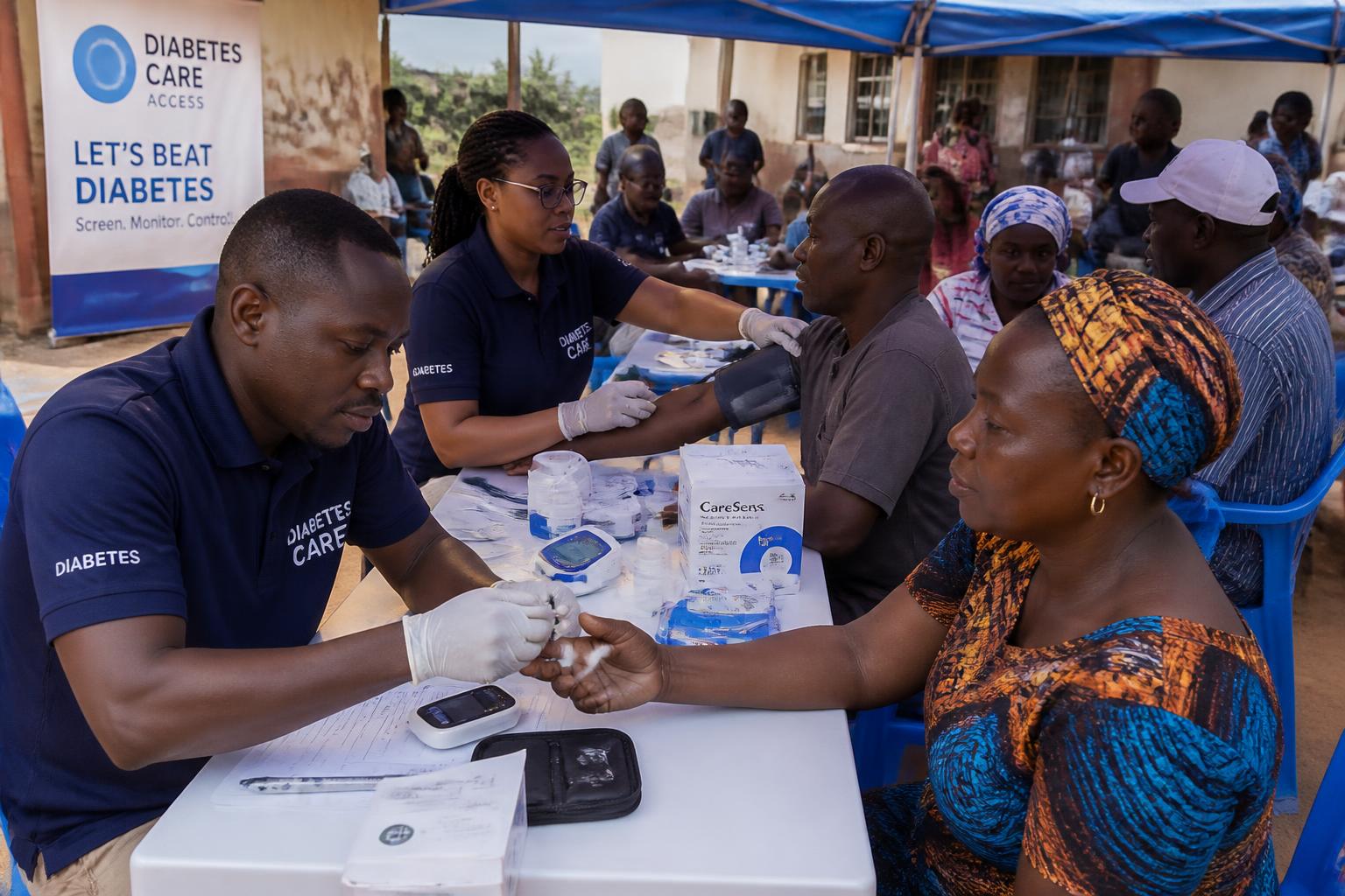 A nurse taking a blood glucose reading from a patient during a community diabetes screening